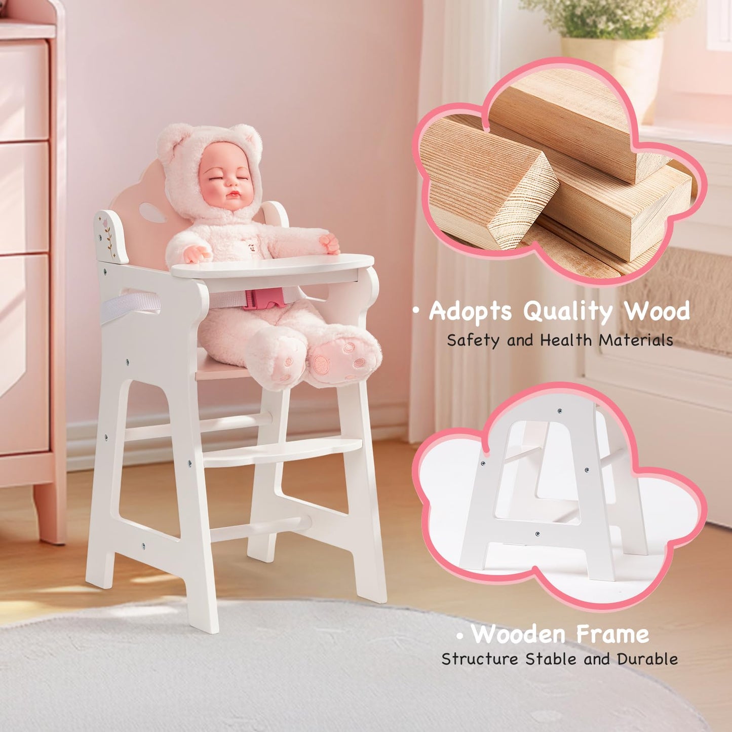 ROBOTIME Baby Doll High Chair  Pretend Play High Chair with Safety Belt and Footrest  Wooden Baby Doll Accessories  Doll Furniture Fits 18-20 Inch Dolls  Gift for Ages 3+ (White)