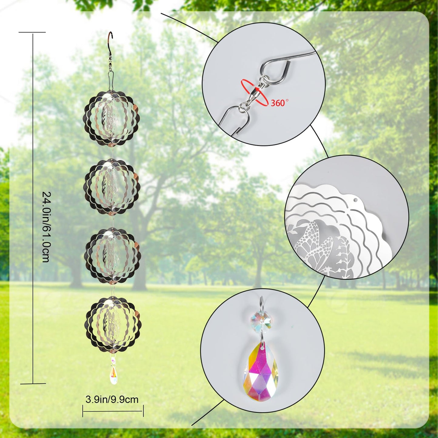 3D Wind Spinners Outdoor Flowing-Light Effect Courtyard Decorations, Highly Reflective Bird Deterrents for Outside, Mirrored Win