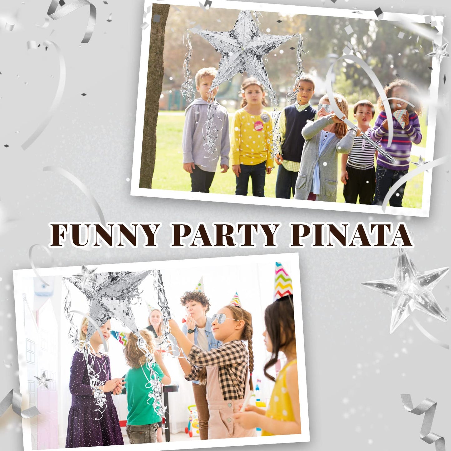 Hanaive Foil Star Piñata - Silver Paper Birthday Party Supplies with Blindfold & Bat, Foldable Fiesta Fun