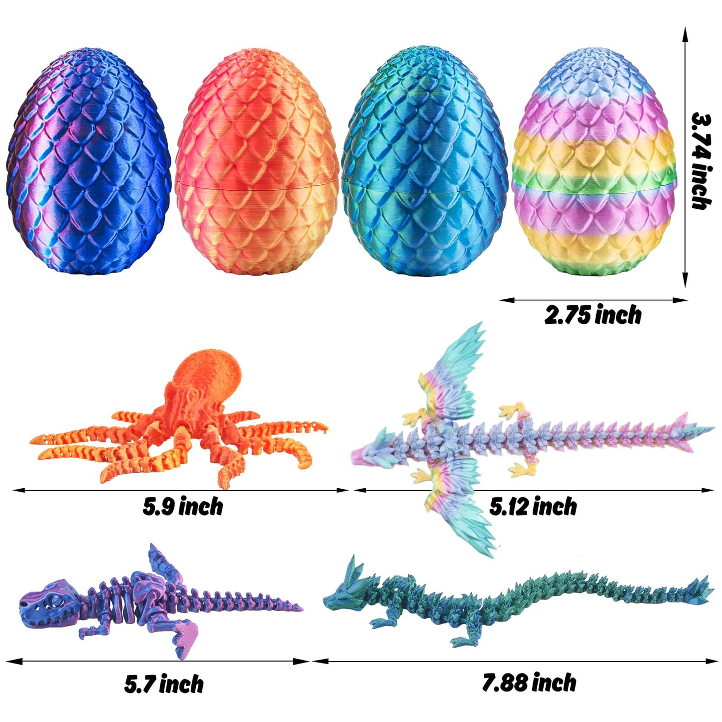 4Pcs 3D Printed Dragon Octopuses With Egg Easter Basket Stuffers Easter Egg 3D Printed Animals Toy Set