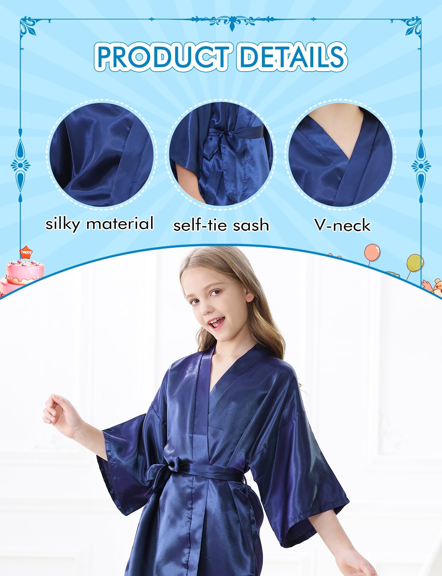 Kid Girls Spa Costume Party Set with Eyemask Hairband Hair Ring  Silky Plain Kimono Robes for Wedding Flower Robe (Navy  Tag 12)
