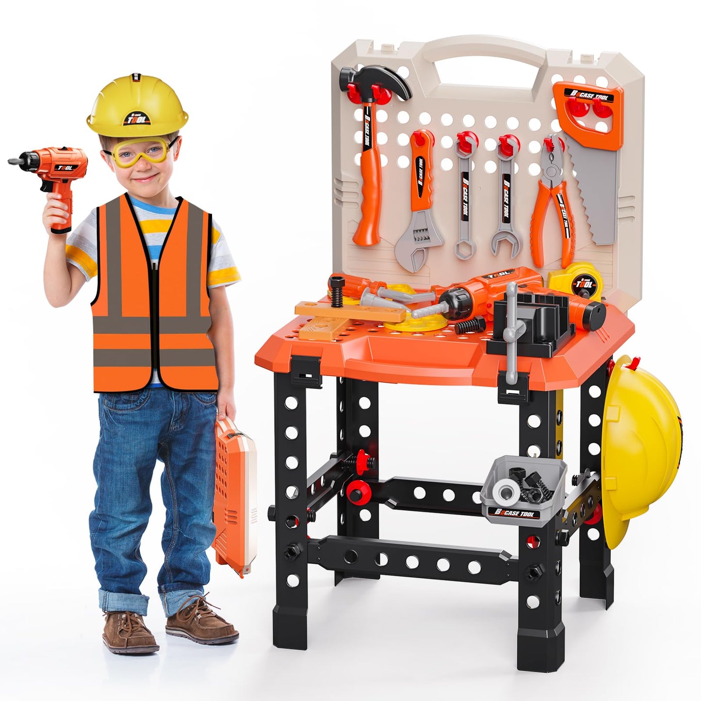 Kids Tool Bench -Toy Workbench with Electric Drill Toy Tool Accessories and Construction Vest 91pcs Toddler Tool Bench,Pretend P
