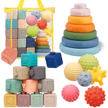 Montessori Toys For Babies,Soft Stacking Building Blocks Rings Balls Sets,3 In 1 Baby Toys Bundle,Sensory Toys For 6-12 Months, Soft Teething Toys For Babies,Baby Toys Easter Shower Gifts For Boy Girl