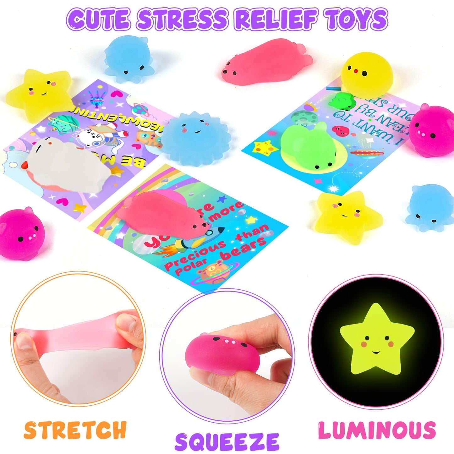 Oliker 32 Pack Valentines Day Cards With Cute Mochi Squishy Toys, Glow In The Dark Kawaii Mini Squishies Stress Relief Toys, Val