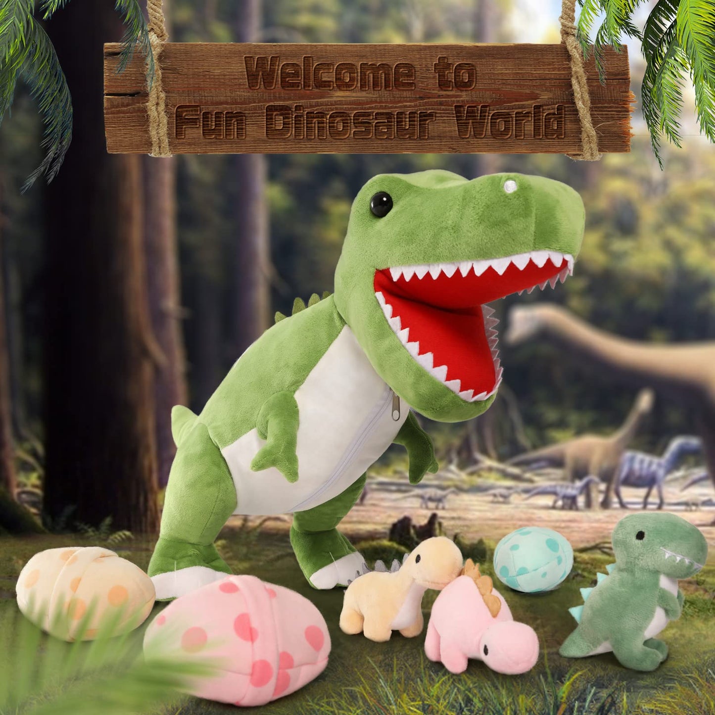 Morismos Giant Dinosaur Stuffed Animal,23.6'' Big Mommy Stuffed Dinosaurwith 3 Baby Dinosaurplush Toys & 3Eggs Plush Inside Its Zipper Tummy,Large Boy Girl Dinosaur Toysfor Kids Birthdaychristmas