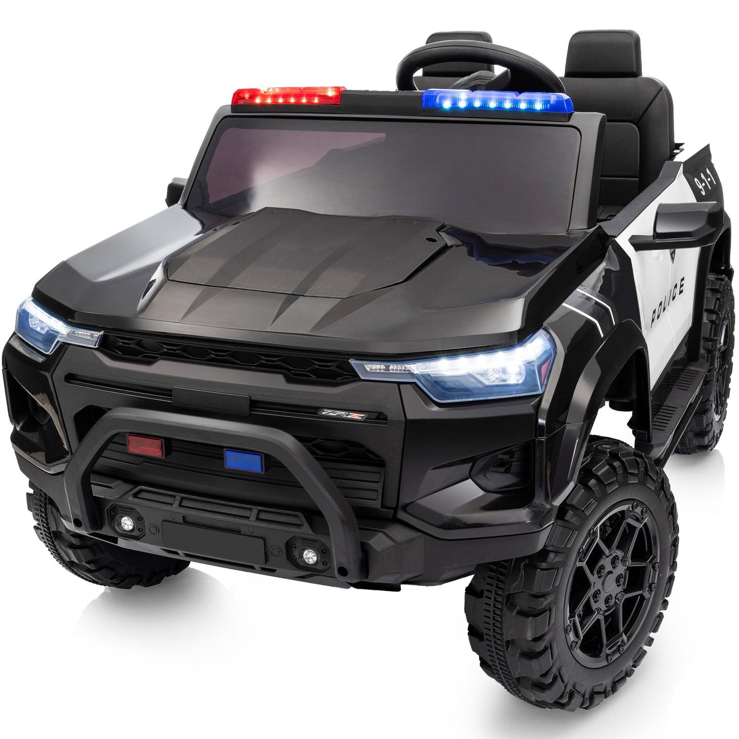 Outfunny 12V Electric Police Car For Kids, 2 Seater Ride On Toy Car For Kids Aged 4-8 With Remote Control, Bluetooth - Black