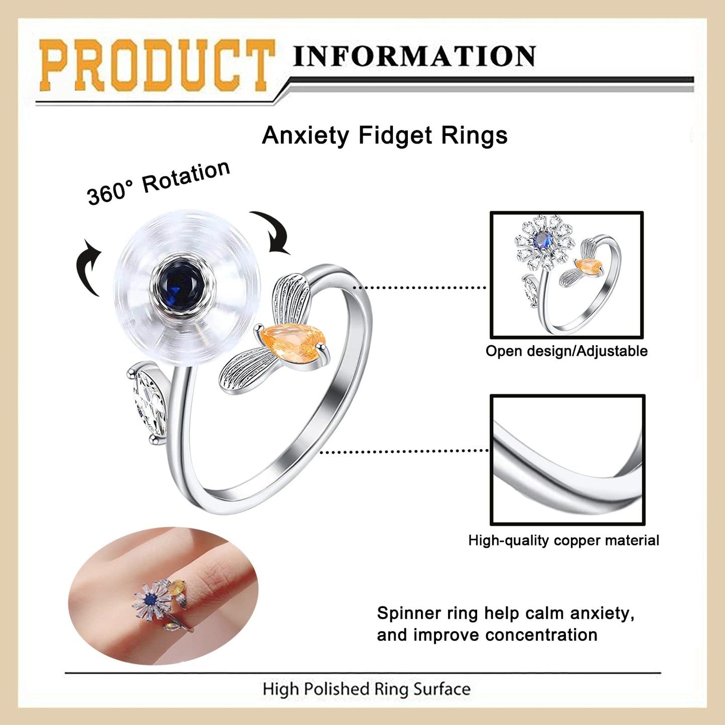 Honsny 6Pcs 14K Gold Plated Anxiety Rings For Women, Adjustable Spinner Anxiety Ring, Cz Butterfly Bee Moon Star Fidget Rings Fo
