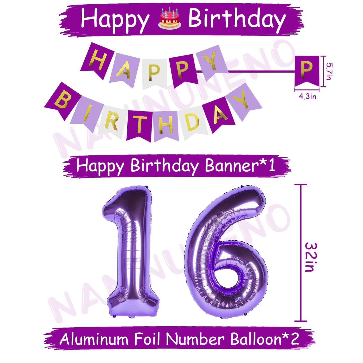 Naninuneno 16Th Birthday Decorations For Girls, Purple 16 Happy Birthday Balloons Supplies Including Purple Happy Birthday Banne