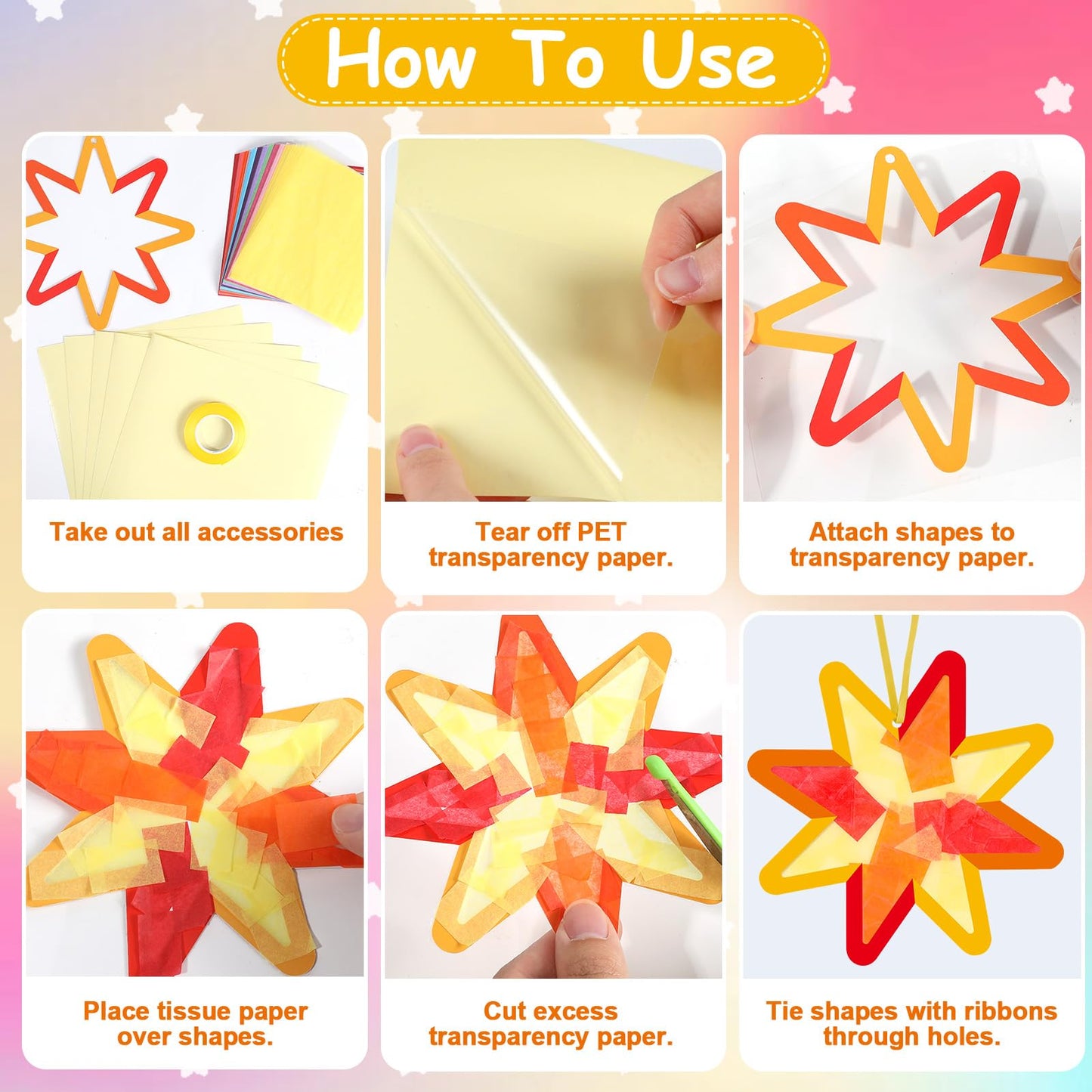 Qyeahkj 36 Set Summer Star Suncatchers Crafts for Kids DIY Star Window Tissue Paper Craft Kit Art Ornament Hanging Decor for Sch