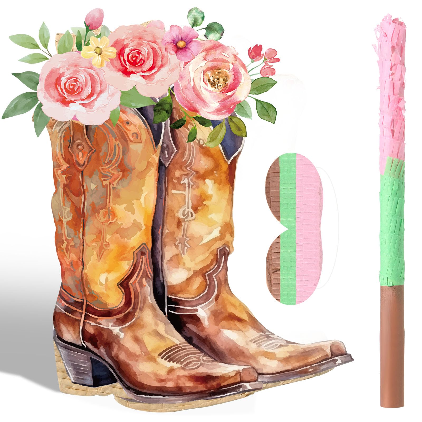 Pajean Cowgirl Boot Piata Set Cute Western Piata with Stick Blindfold Photo Prop Gift Holder for Girls Kids Bridal Shower Birthd