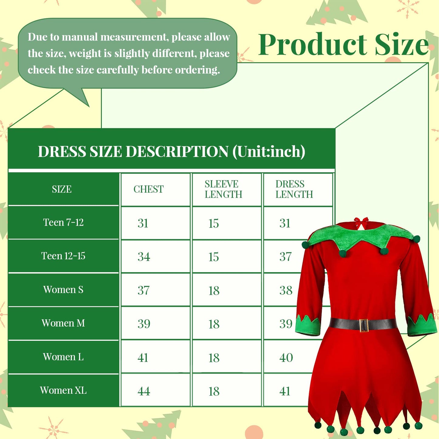 Syhood 5 Pcs Christmas Elf Costume Kids Girls Velvet Elf Costume Santa'S Helper Outfit With Hat Shoes Belt Striped Stockings(Fit 12-15 Years Old,Bright Color)