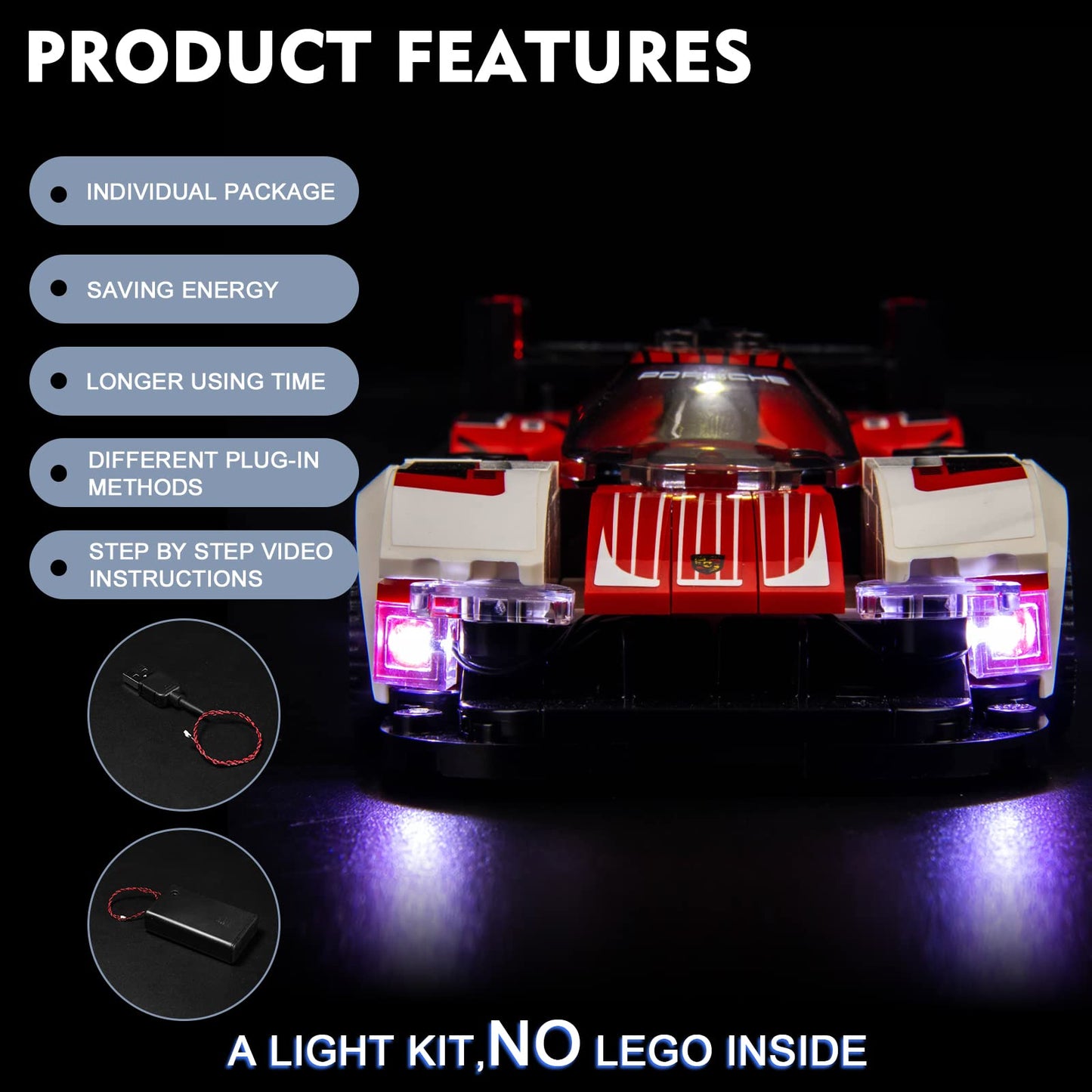 Brickbling Led Lighting Compatible With Lego Speed Champions Porsche 963 76916 Model Car; New 2023 Light Kit Compatible With Lego Porsche 963; Light Up Your Race Car-No Model