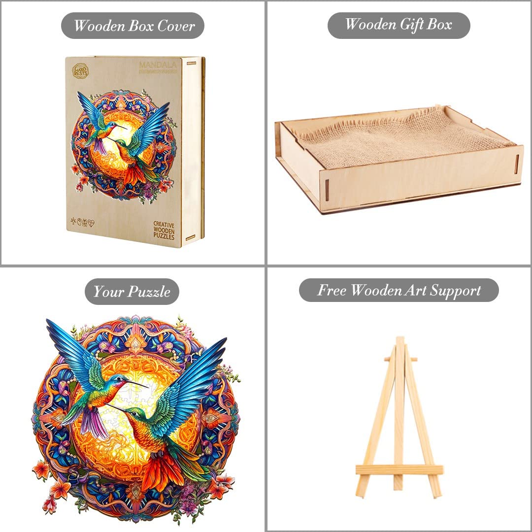 Woodemon Wooden Jigsaw Puzzles, Mandala Hummingbirds (300Pcs-L-13.8 * 13.8In) Wooden Puzzles For Adults Kids, Unique Shape Animal Wood Puzzles Adults Christmas Puzzles Xmas Birthday Gifts