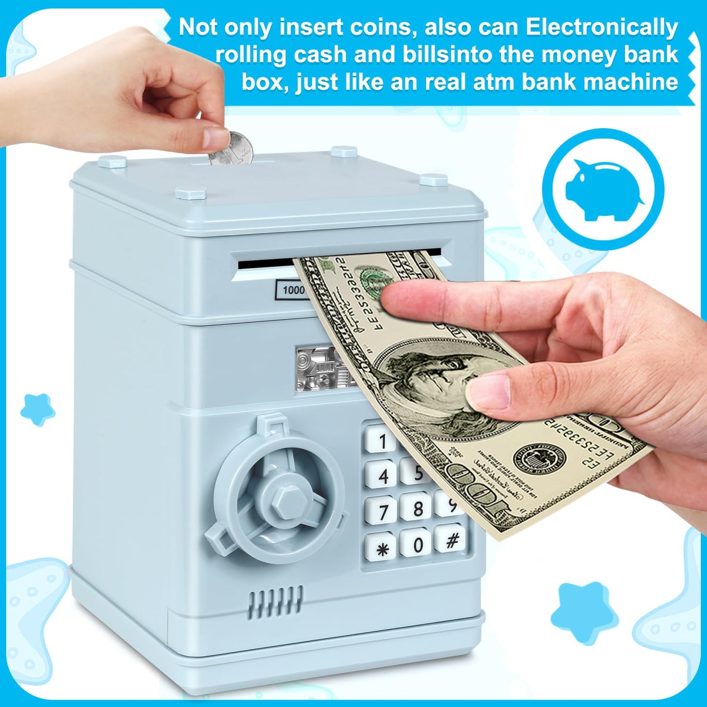 Renvdsa Cartoon Electronic Atm Password Piggy Bank Cash Coin Can Auto Scroll Paper Money Saving Box Gift For Kids (Light Blue)