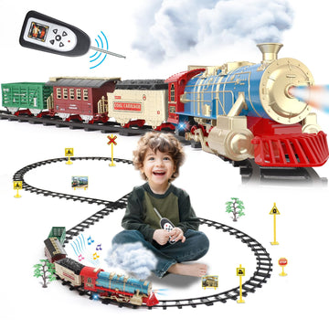 Juqu Train Set For Boys -Remote Control Train Toys-Electric Train W/Smokes, Steam Locomotive W/Lights & Sound, Cargo Car And Tra