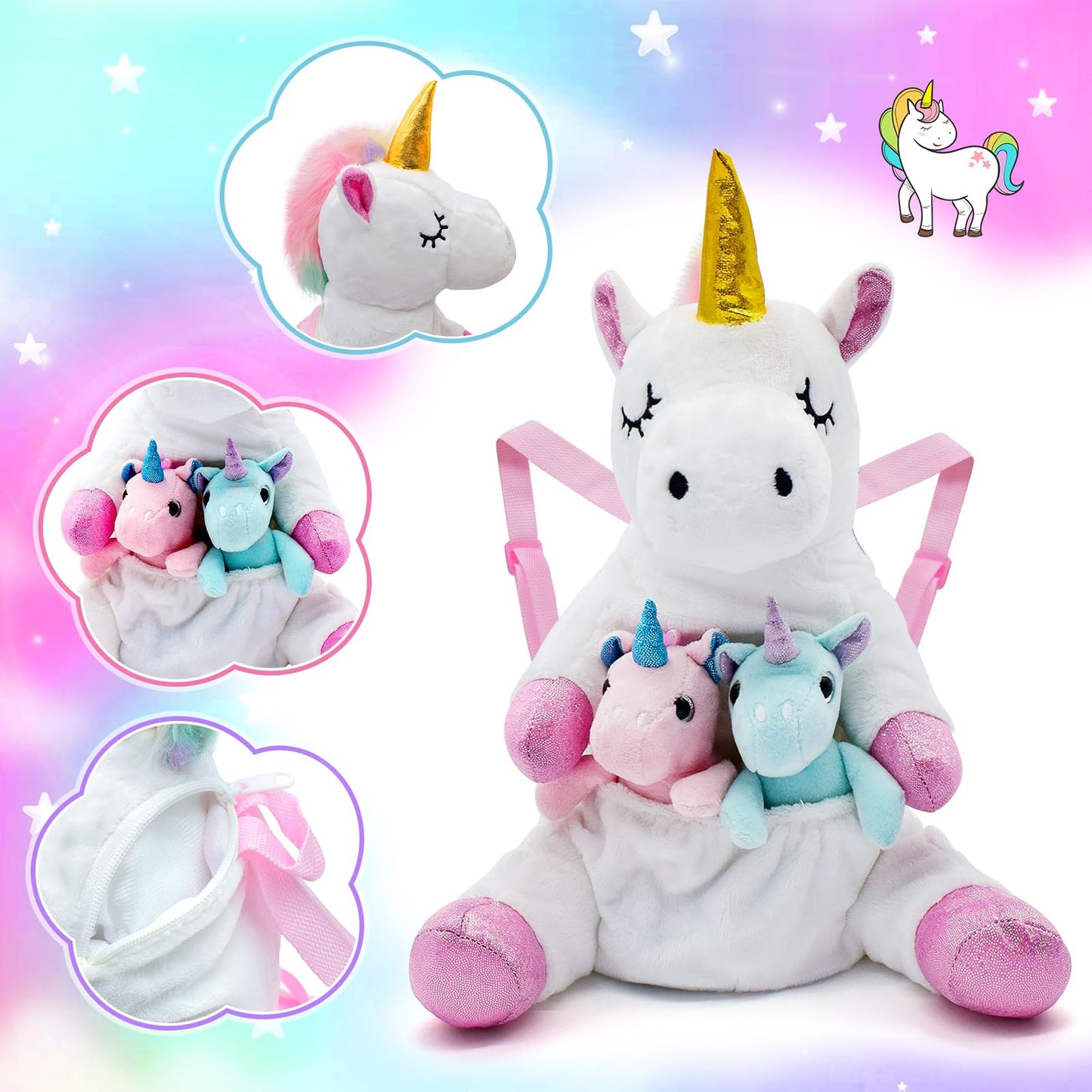 FUNCREVITY Unicorn Plush Toys Set - 5-Pack Mommy Unicorn with 4 Babies, Multicolor, Ideal Gifts for Girls Age 4-8+ for Birthdays & Holidays