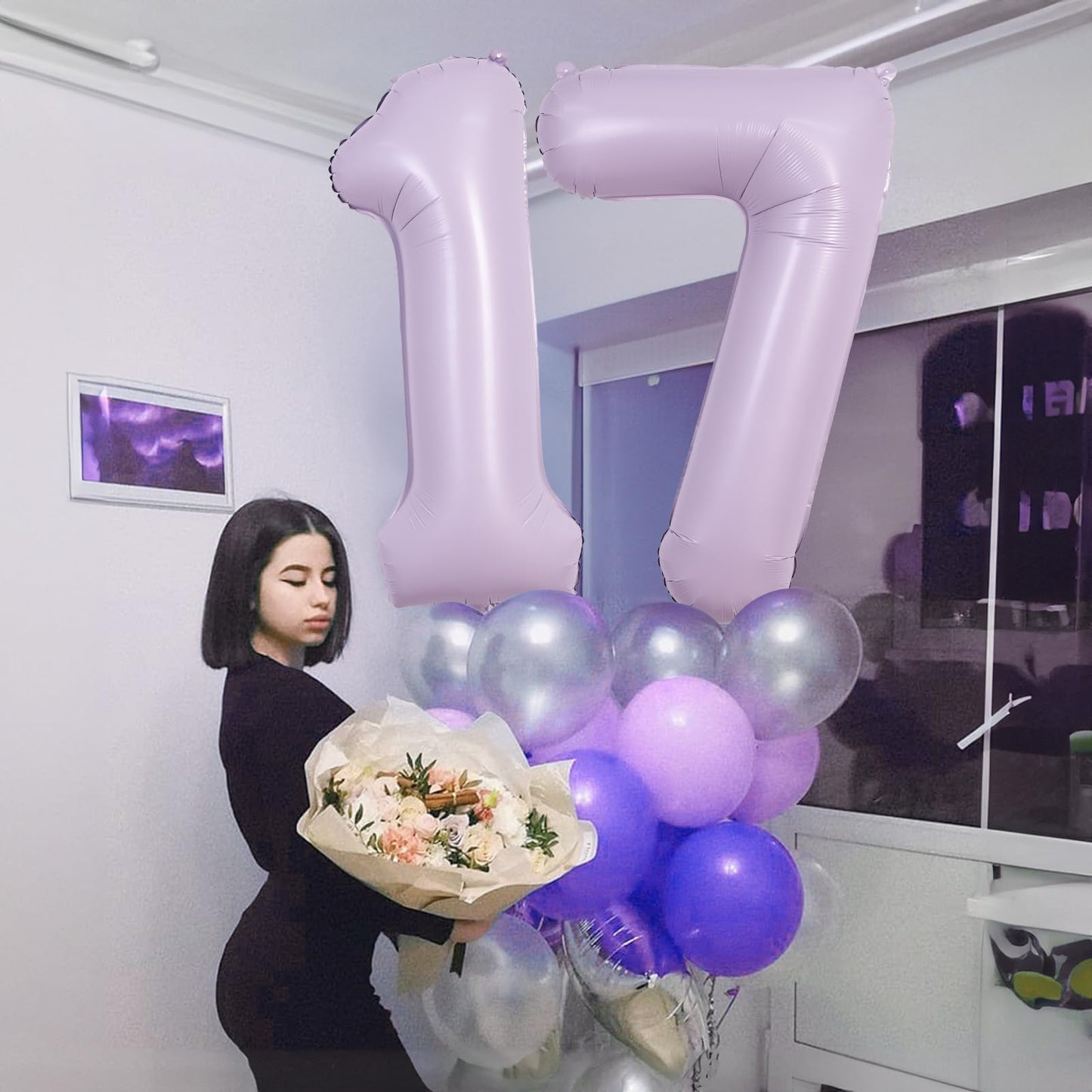 40 Inch Balloon Number 7 Pastel Purple, Large Mylar Foil Light Purple Number Seven Balloons Set For Girls Women, Dusty Lilac Glo