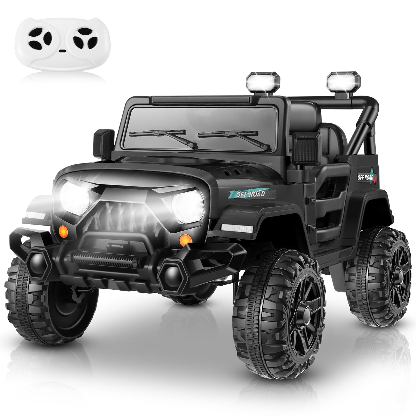 Hikole Battery Powered Cars For Kids, 12V Ride On Jeeps Car With Remote Control, 3 Speeds, Bluetooth, Led Lights, Safety Belts, Spring Suspension, Kids Electric Vehicles For Boys, Black
