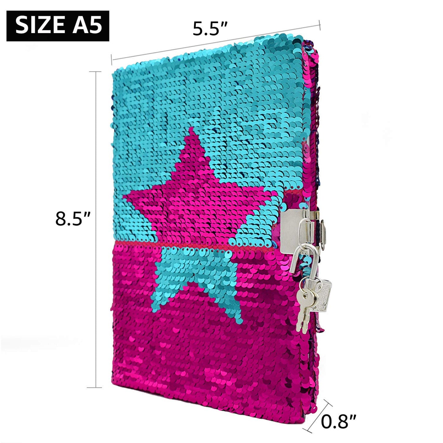 Vipbuy Magic Reversible Sequin Notebook Diary Lined Travel Journal With Lock And Key For Kids Girls, Size A5 (8.5” X 5.5”), 78 Sheets (Star)