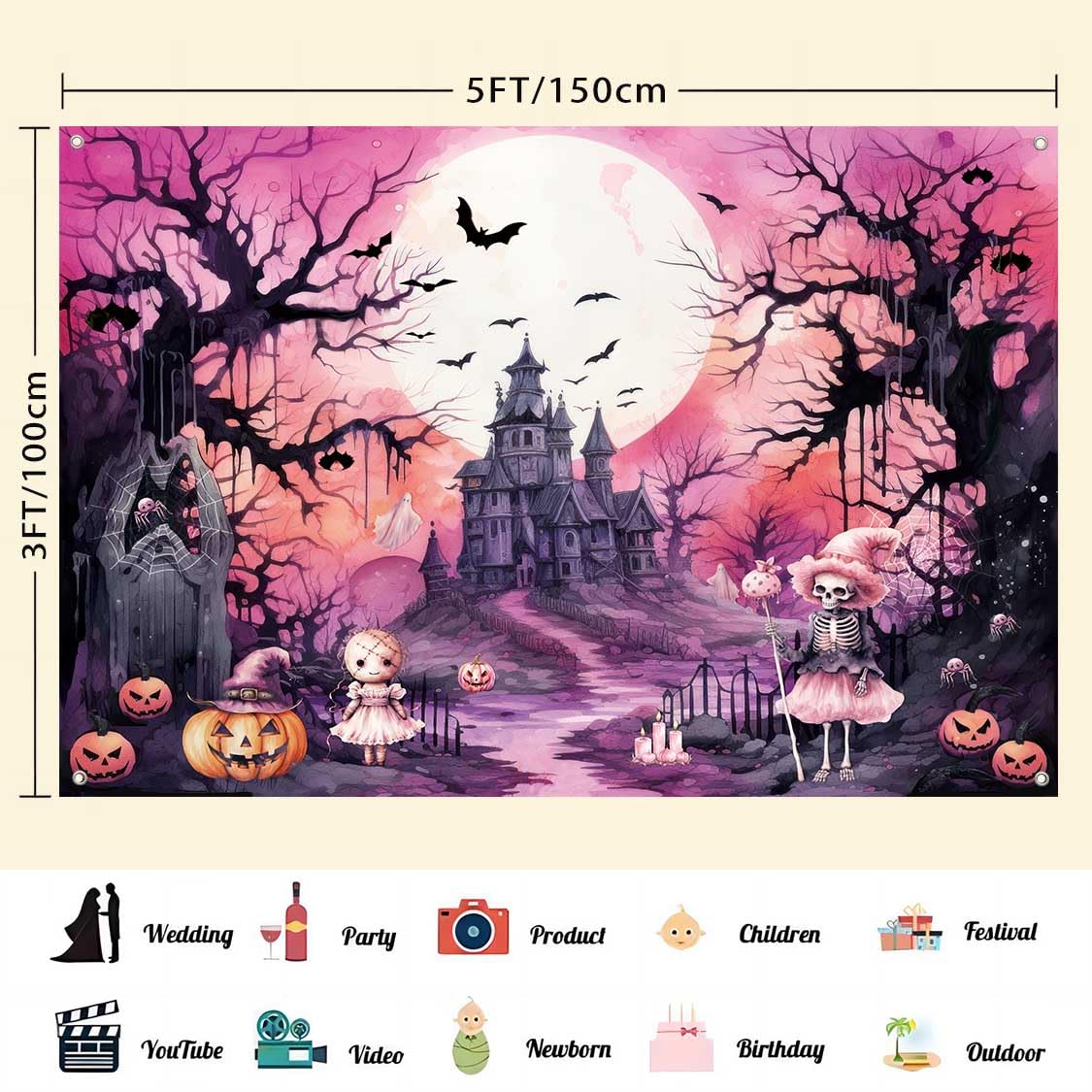 LDWLYW Pink Halloween Backdrop Banner 5x3 ft Spooky Witch Decor for Kids, Black Ghost Haunted House Party Background
