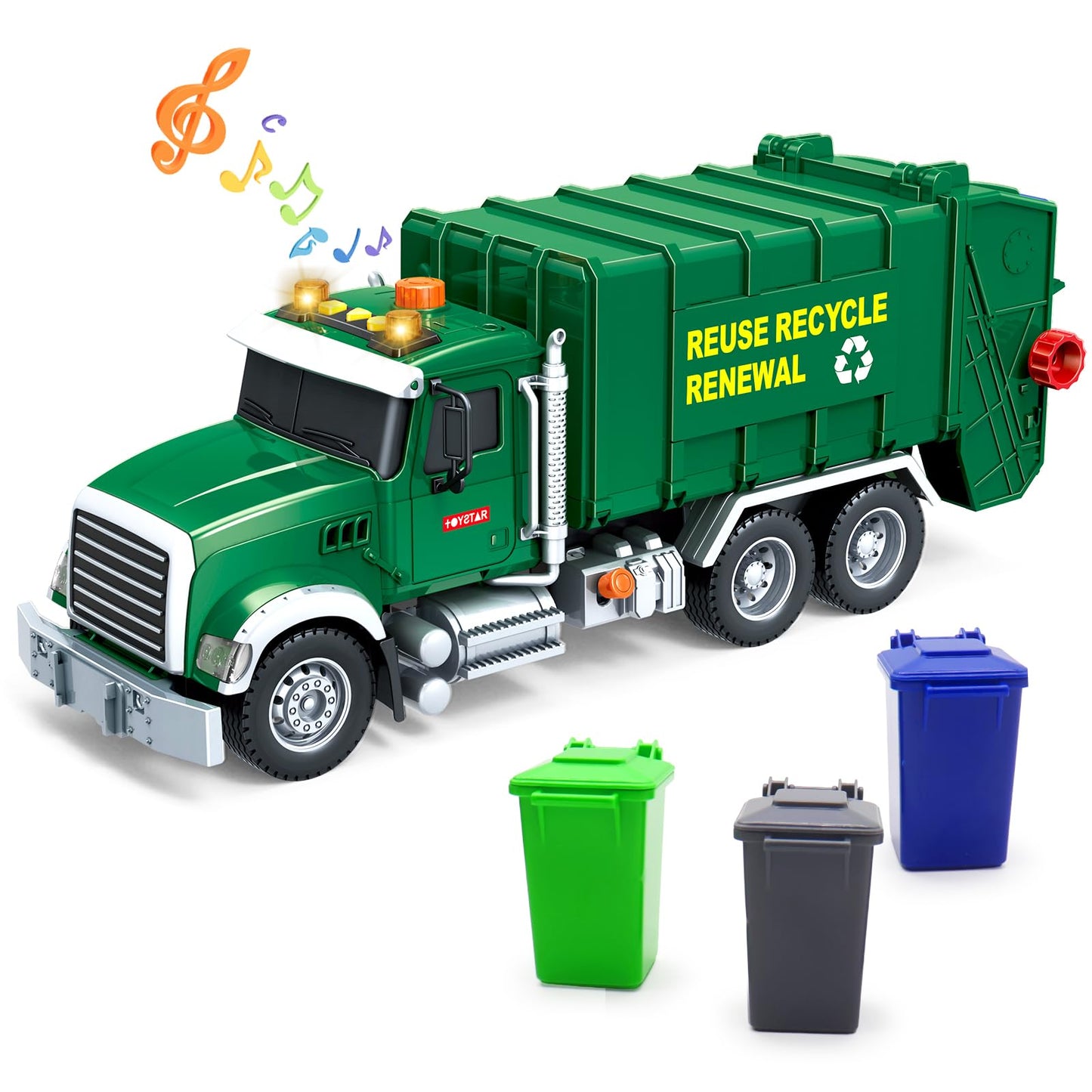 Mostop Large Garbage Truck Toy - Friction Powered Waste Management Garbage Recycling Truck With Lights, Sounds, 3 Rear Loader Tr