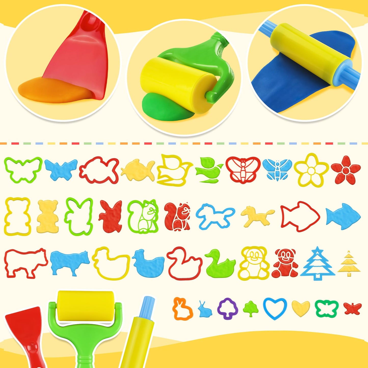 Playdough Tools with 40 pcs Plastic Play Dough Cutters Animal Shapes, 3 pcs Basic Play Dough Tools