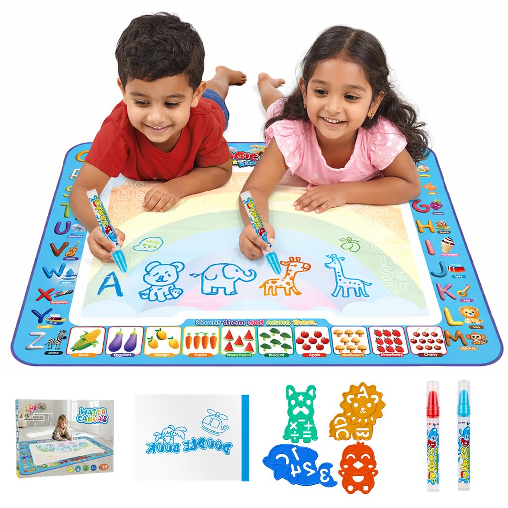 PATPAT Kids Magic Water Doodle Drawing Mat 8060cm, MessFree Reusable Water Drawing Toy with Pens, Stencils & Alphabet Learning 