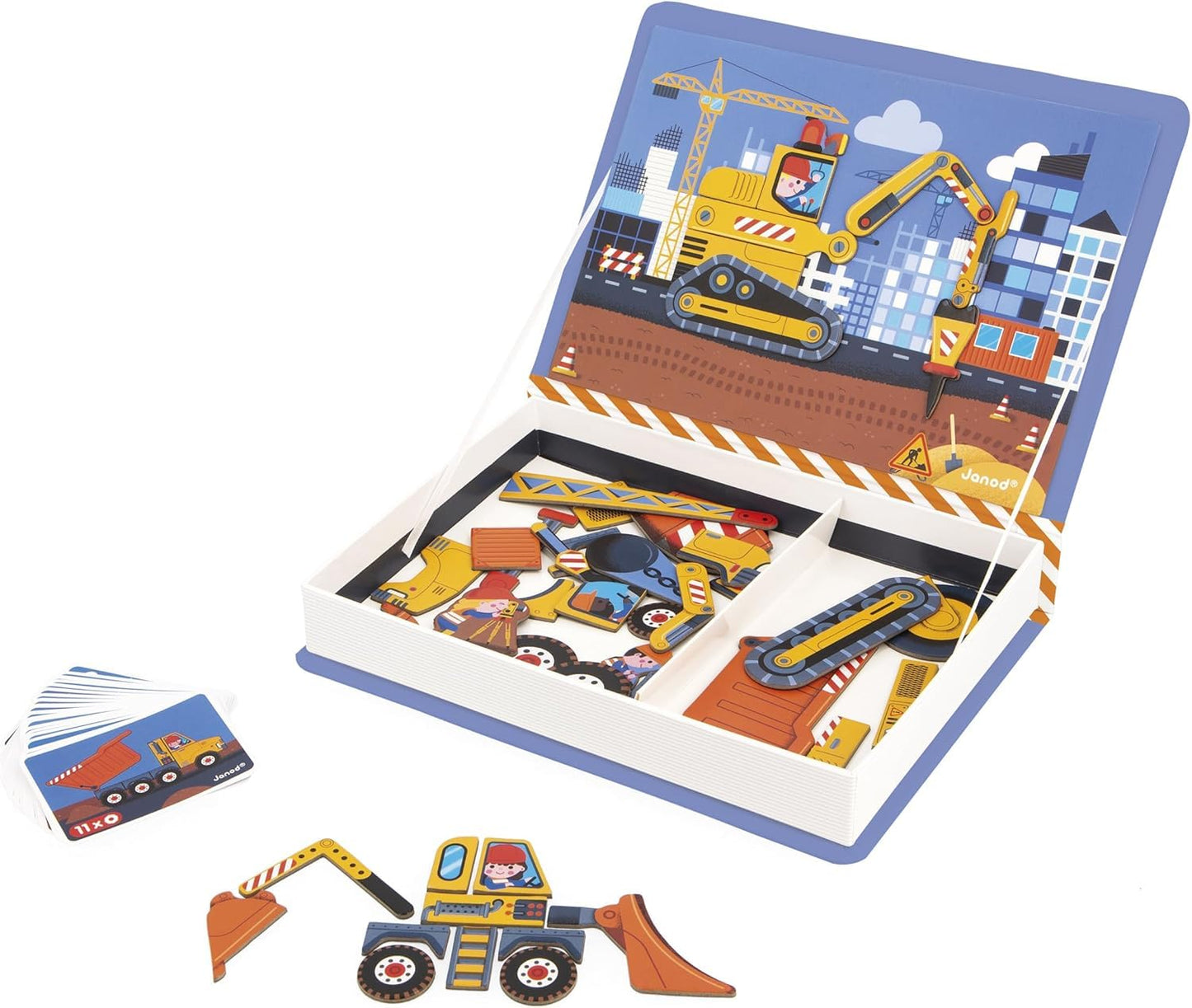 Janod - Magn  tiBook Construction Site Vehicles - Magnetic Educational Game 50 Magnets + 18 Models - Cardboard Childrens Toy -
