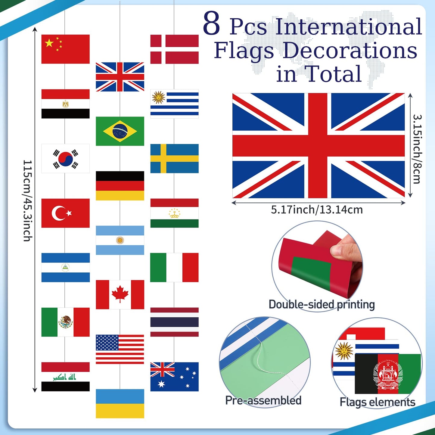 Daifunli 8 Pcs International Party Decorations 56 Countries Hanging Flags Garlands World National Flags Banner for International