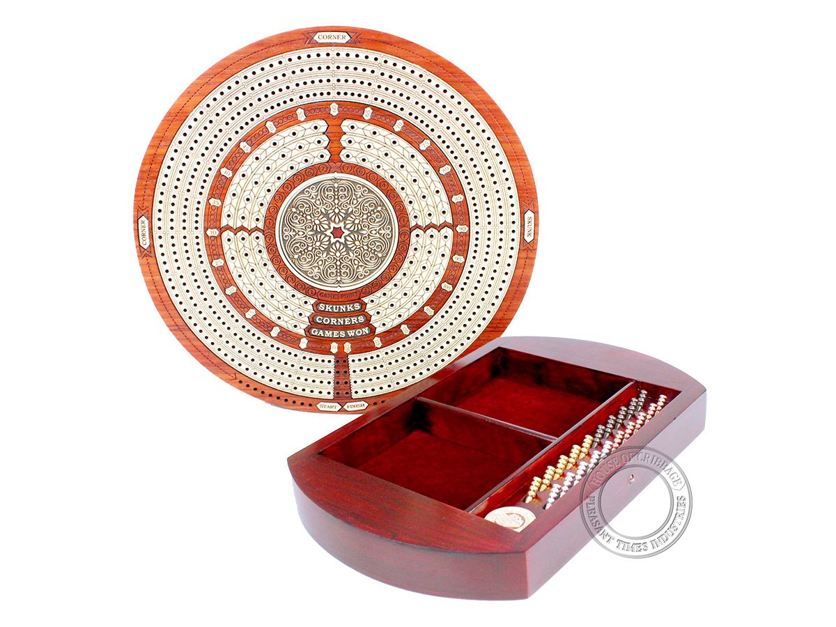 House Of Cribbage - Round Shape 4 Tracks Continuous Cribbage Board Bloodwood/Maple With Push Drawer & Place For Skunks, Corners & Won Games