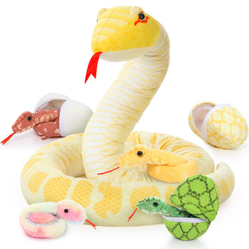 Morismos Giant Snake Plush 120 Inch Long Stuffed Animal Plush Snake With Babies Snake Stuffed Animal Toy For Kids Plush Party Decorations Favors Prank Props, 4 Snake Babies, 3 Snake Eggs