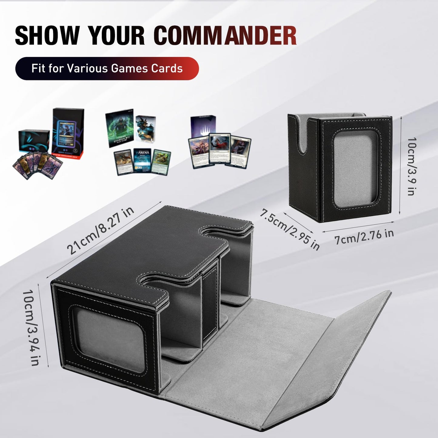 TiMOVO MTG Deck Box  Commander Deck Case Fits 200+ Double-Sleeved Cards  Magnetic Leather Card Storage Box with 2 Commander Display & 4Dividers & Dice Tray Fit YuGiOh TCG CCG Magic Cards  Black+Gray