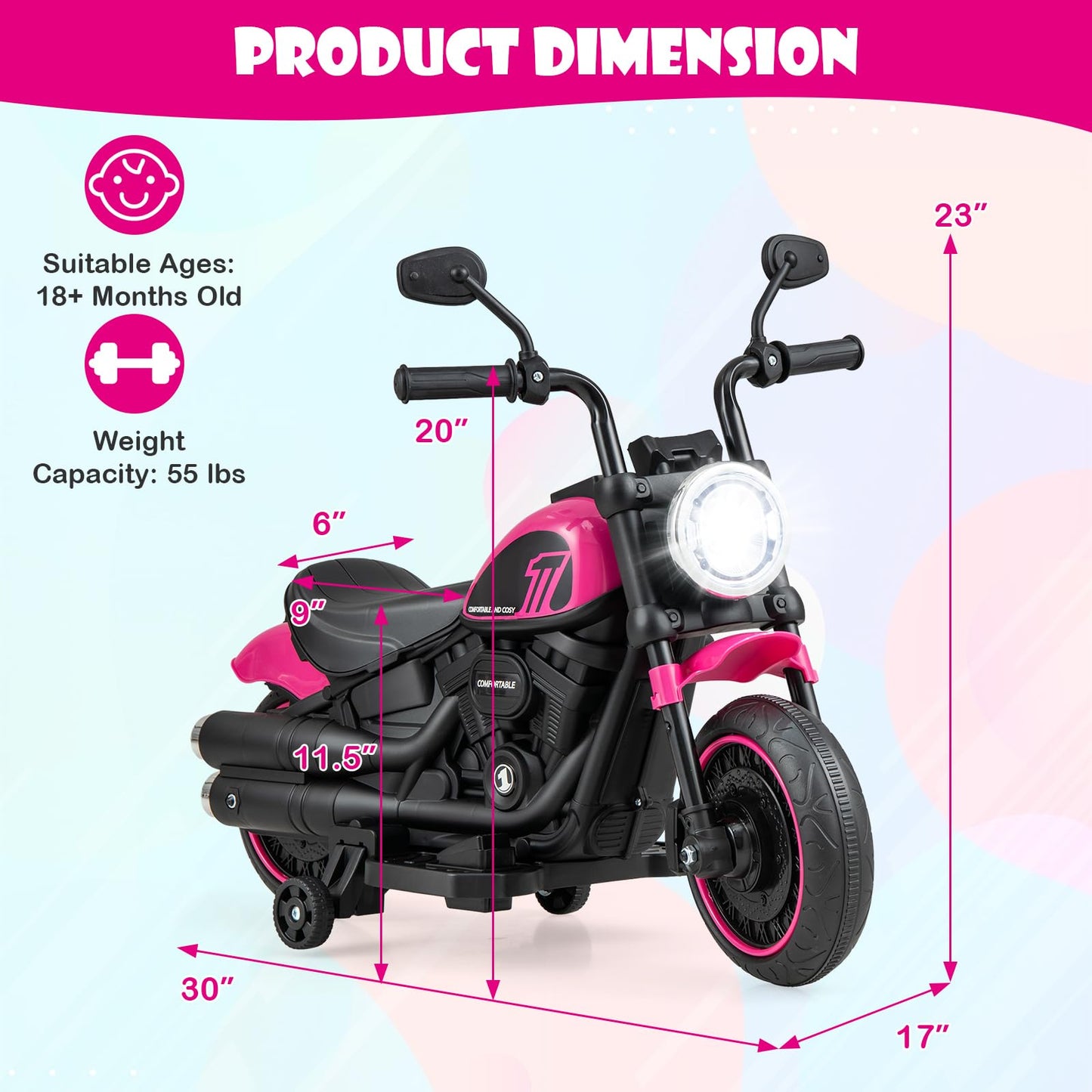 Costzon Toddler Motorcycle, 6V Battery Powered Electric Motorcycle With Detachable Training Wheels, Soft Start, Headlights & Music, Kids Motorcycle Ride On Toy For Toddlers Boys 18+ Months (Pink)