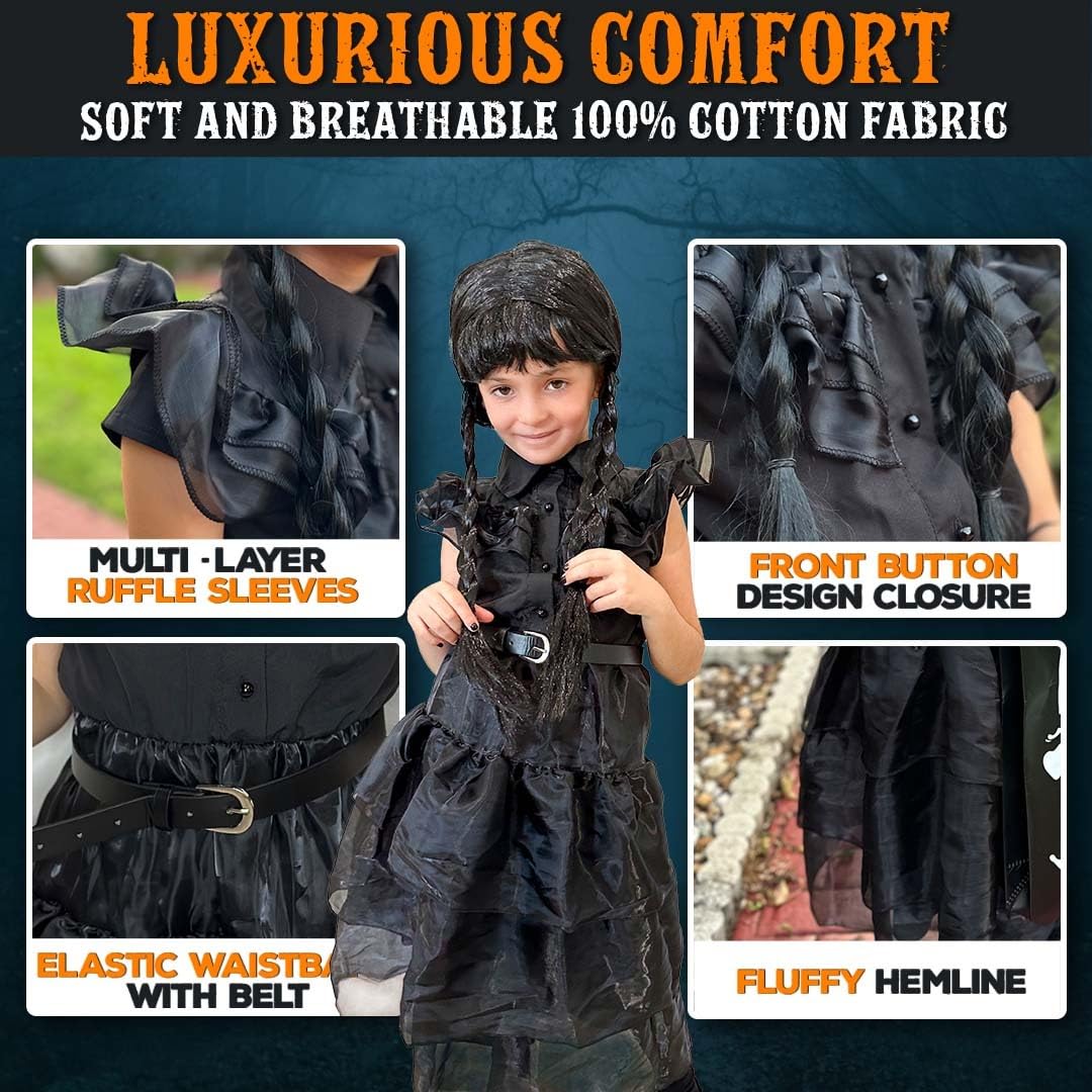 Spookyfit Halloween Dress - Complete Costume Set For Girls | Halloween | Black Dress, Wig, Gloves, Thing, Adjustable Bag, Belt &