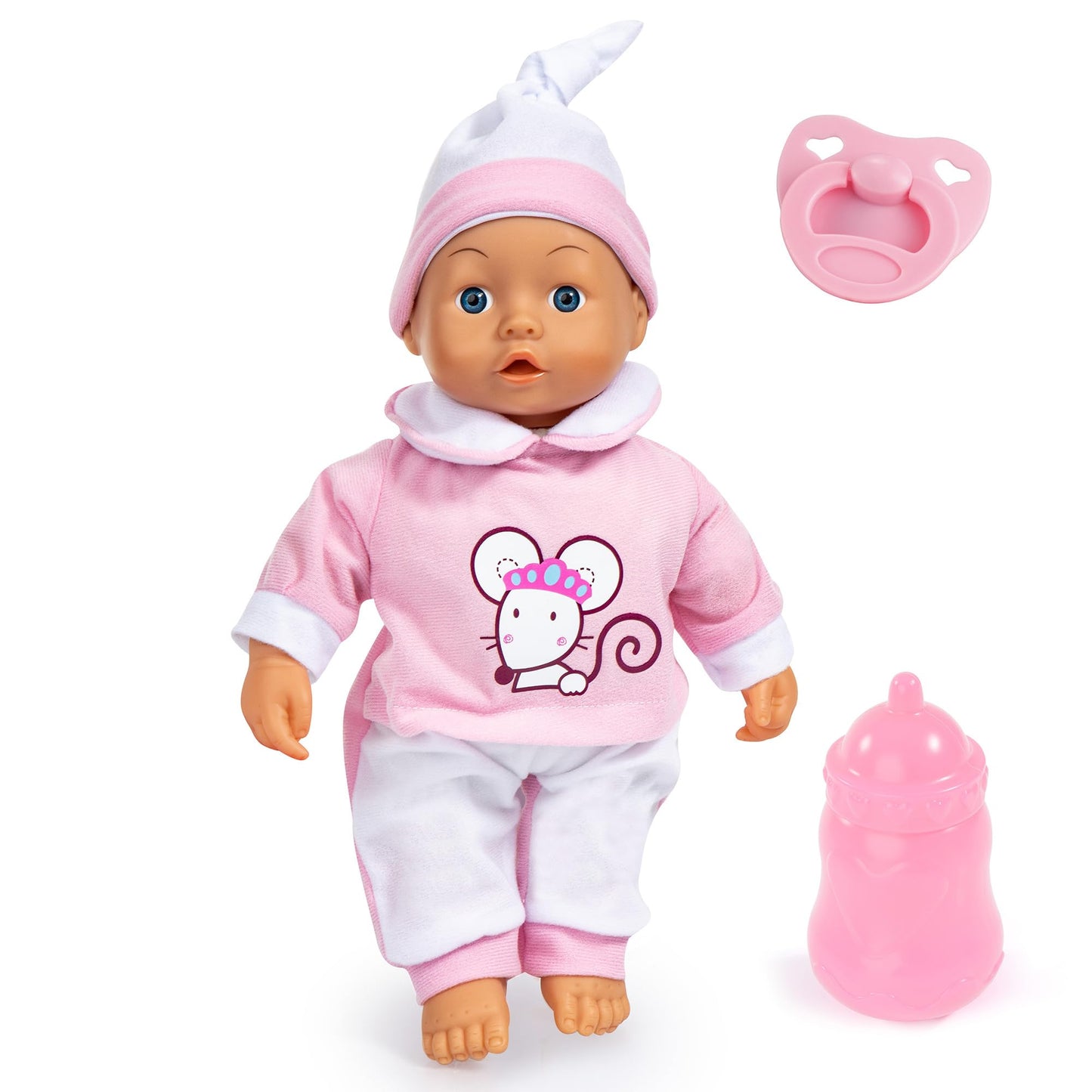Bayer: Interactive Baby Doll - 14 Pink Mouse - Makes Baby Sounds, Includes Pacifier Bottle & Matching Cap, Pretend Play