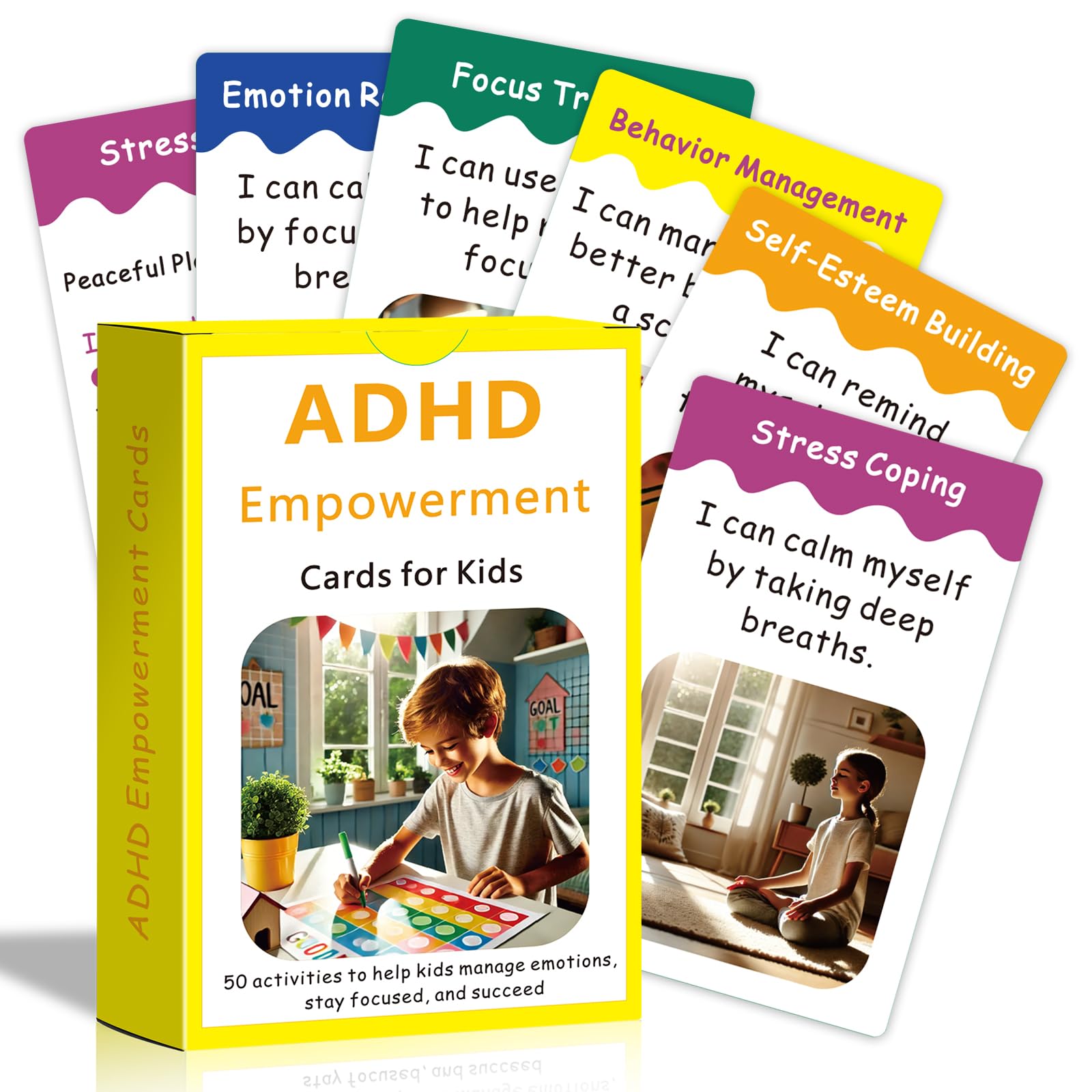 Uflognirz 50 Thriving with ADHD Cards for Kids, ADHD Tools for Kids, Anger Management, Fun Activities to Help Children Self-Regu