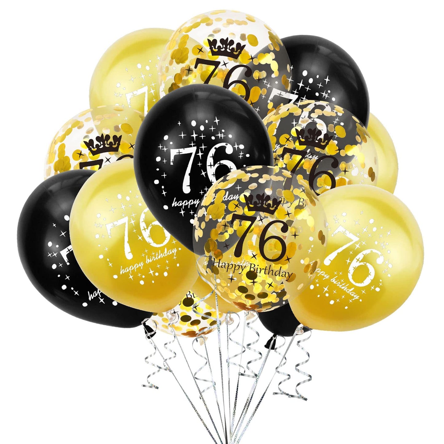 SHUNTAI 76th Birthday Balloons, Black and Gold Latex Confetti, 12 inch, 15 Pack, Model SHUNTAI-001, 76 Year Old Theme Party Supplies