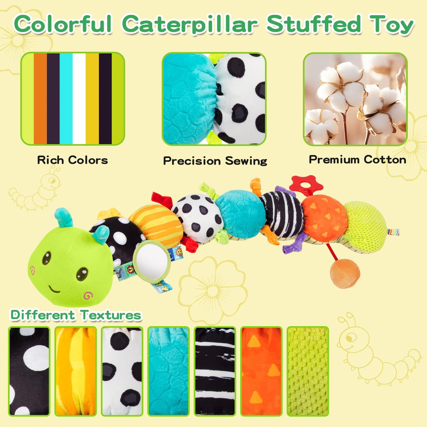 Baby Sensory Toys 0-6 6-12 Months  Musical Plush Animal Stuffed Caterpillar with Crinkle & Rattle  Tummy Time Toys for Infants Newborn 3 6 9 12 18 Months  Car Seat and Shower Gifts for Boys Girls