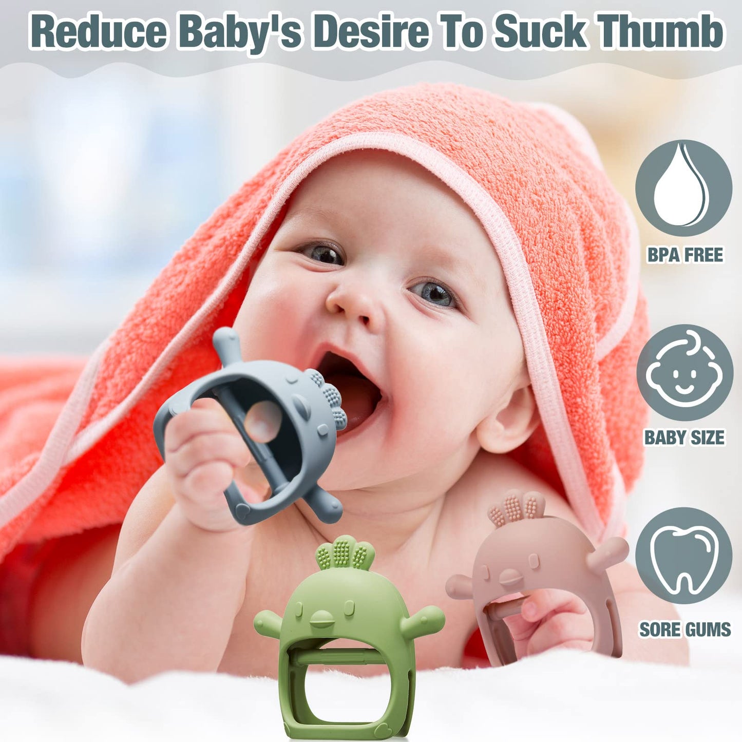Chumia Baby Teething Toys - 3 Packs Silicone Teethers Mitten for 0-12 Months - Anti-Dropping, Blue, Green, Flesh Pink
