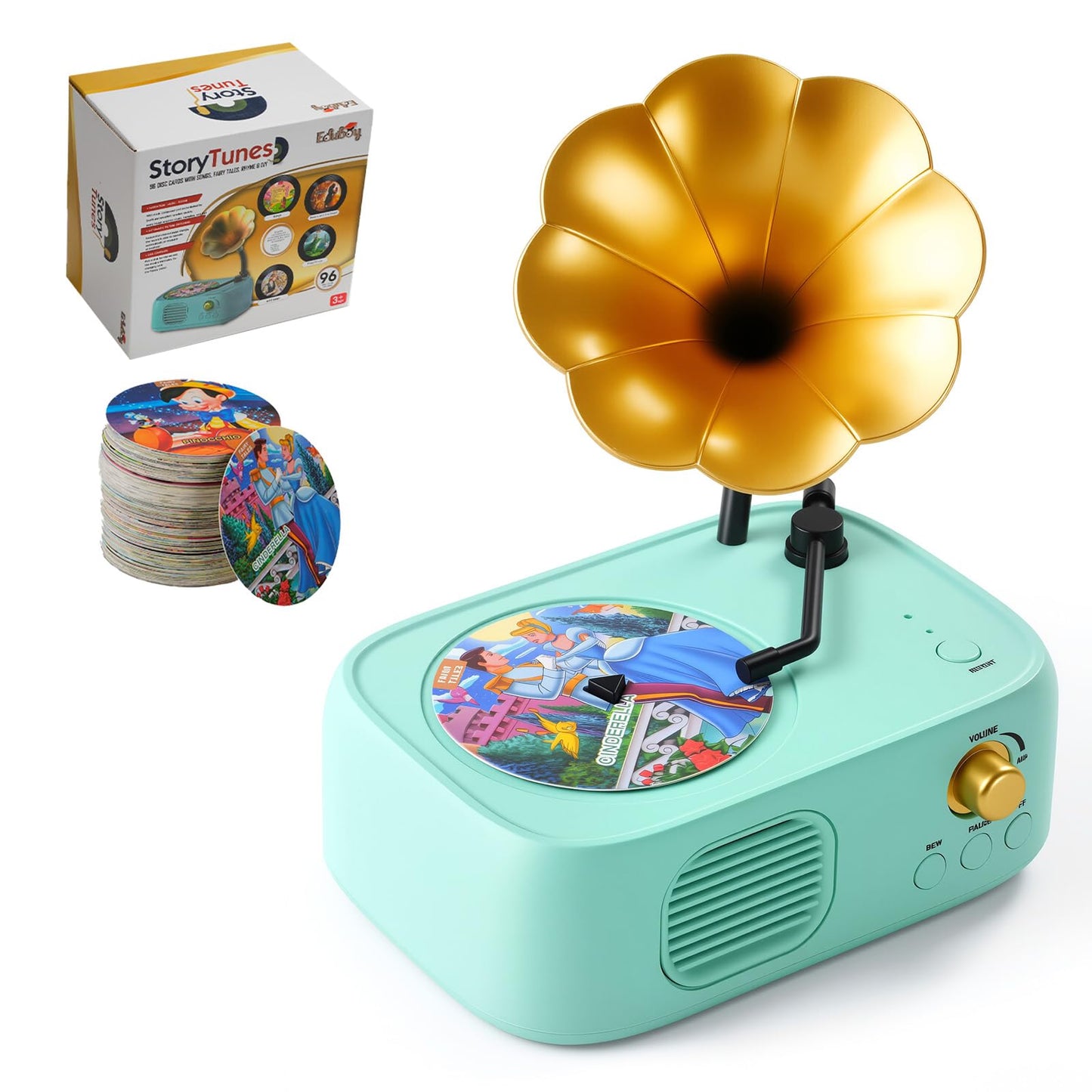 yimido Kids Phonograph Toddler Record Player, with 96 Learning Cards, Early Education Machine Record Player Music Box Storytelle