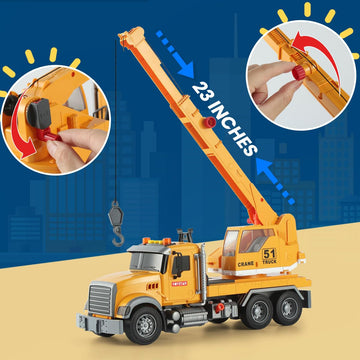Wenbeier Construction Crane Truck Toys with Long Extendable Boom, 15'' Heavy Truck with Sound and Light for Kids Toddler Childre