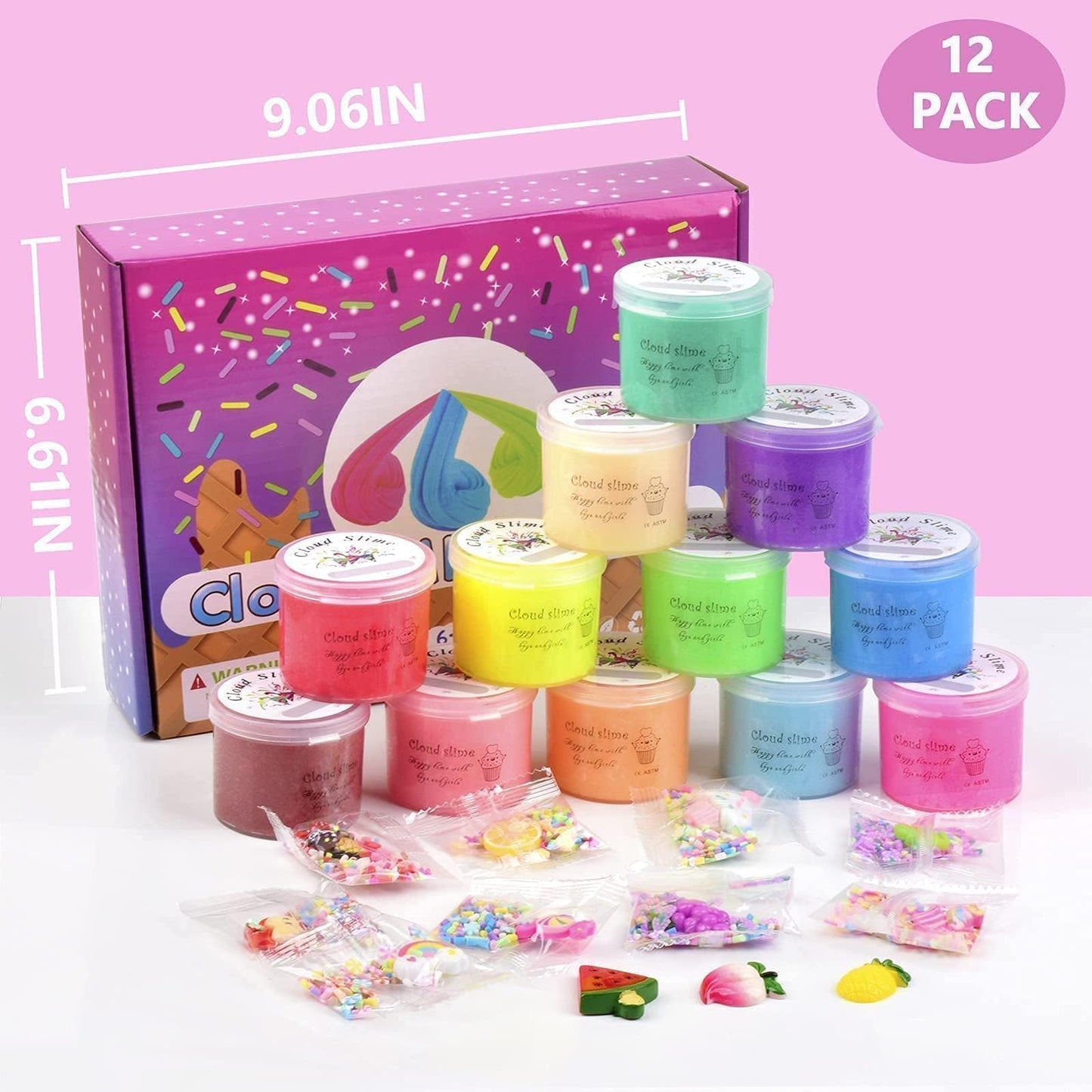 12 Pack Cloud Valentine'S Day Slime Kit, With Rainbow Cake Watermelon Grapes Butter Slimes Charms, Easter Slime For Girls And Bo