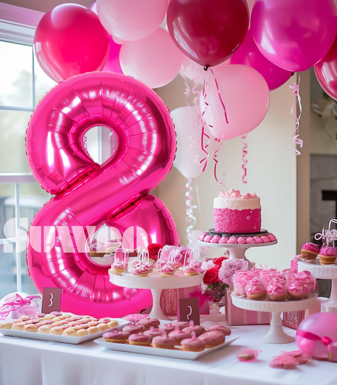 Suwen 40 Inch Hot Pink Large 8 Number Balloons Big Foil Helium Number Balloons 0-9 Jumbo Happy 8Th Mylar Birthday Party Decorati