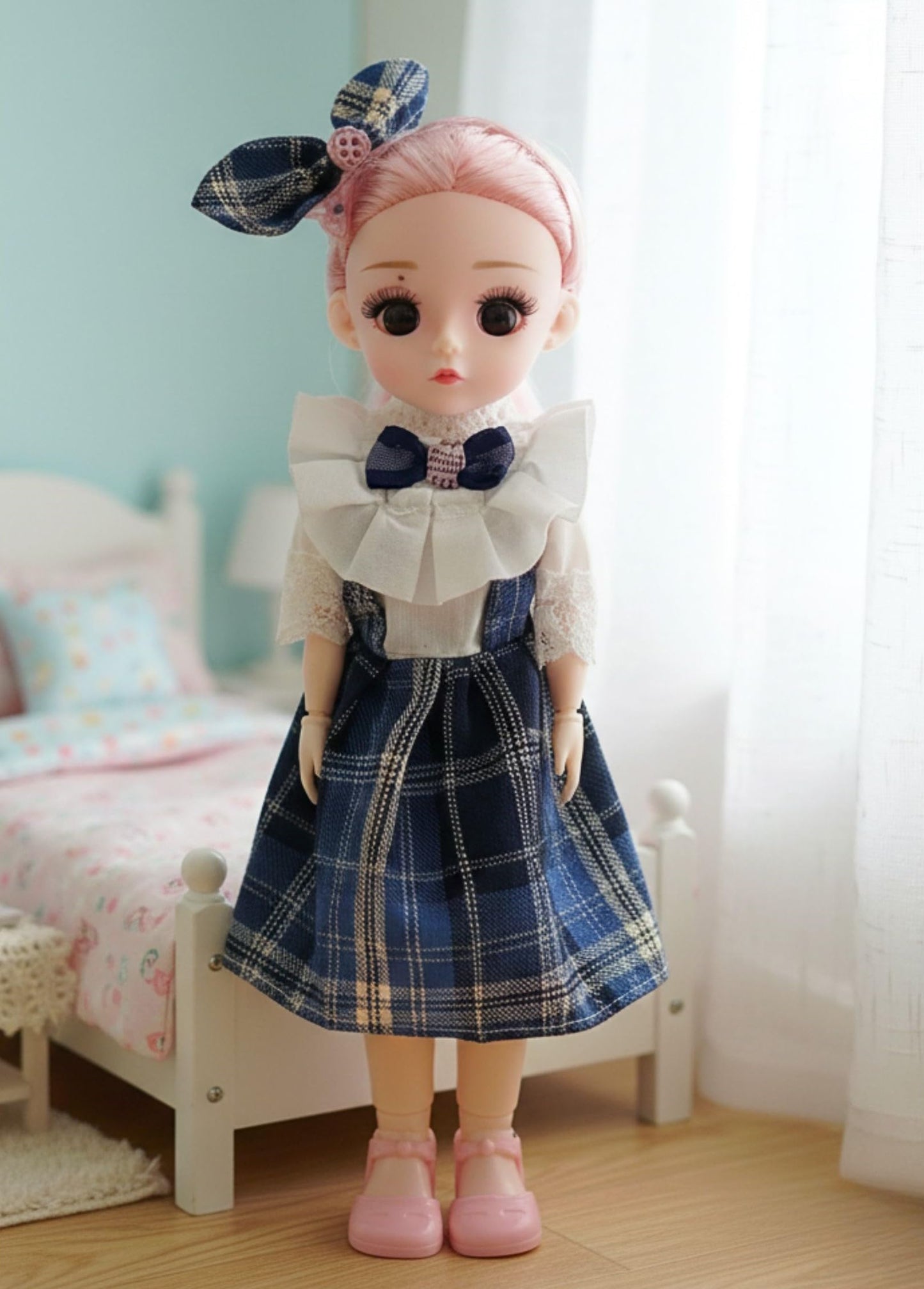 Tickles Set Movable Jointed 3D Eyes Fashionable Doll With Frock For Kids Girls Birthday Gifts (Size: 30 Cm Color: White & Blue)