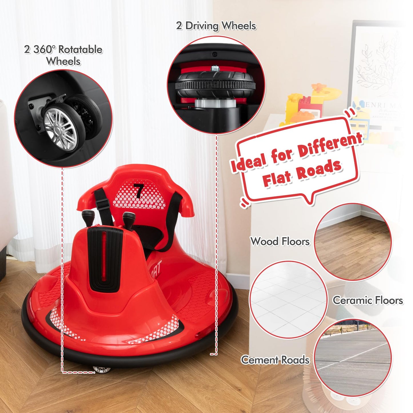 Costzon 12V Kids Ride On Bumper Car, Electric Bumper Car W/Dual Joysticks, Remote Control, 360° Spin, Slow Start Function, Led Lights & Fun Music, Adjustable Safety Belt, Soft Bumper (Red)