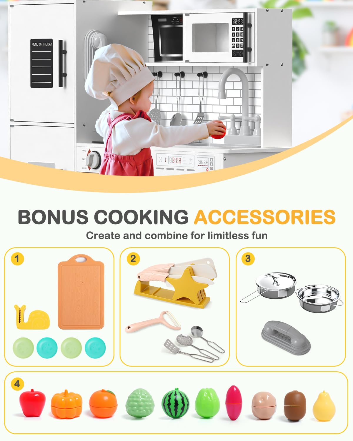 Babytronic Wooden Kitchen Playset for Kids, Interactive Toy Kitchen with Lights & Sounds, White, Ages 3+, Includes Oven & Microwave