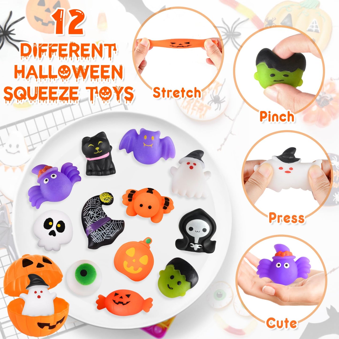 48 Halloween Toys Pack with Pumpkin Box, Halloween Party Favors Gifts for Kids, Squishy Mochi Toys in Bulk with Bubble Push it K