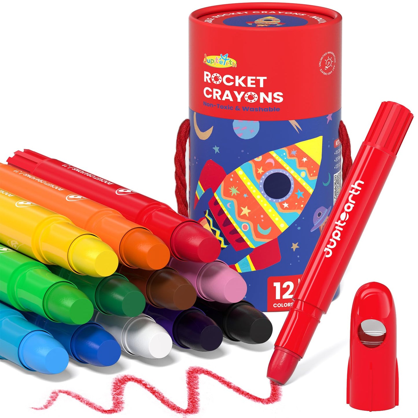 JUPITEARTH 12 Colors Twist Crayons for Toddlers 1-3, Non-Toxic Washable Crayons for Ages 4-8 with Storage Bucket, Ultra-Silky an