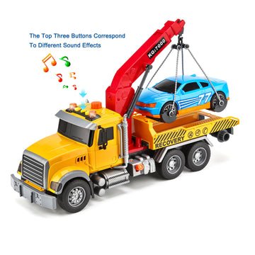 Kids Tow Truck Toy with Car for Boys 4-7 Years Old - Big Tow Truck for Kids Flatbed and Crane with Sounds and Lights, Road Rescu