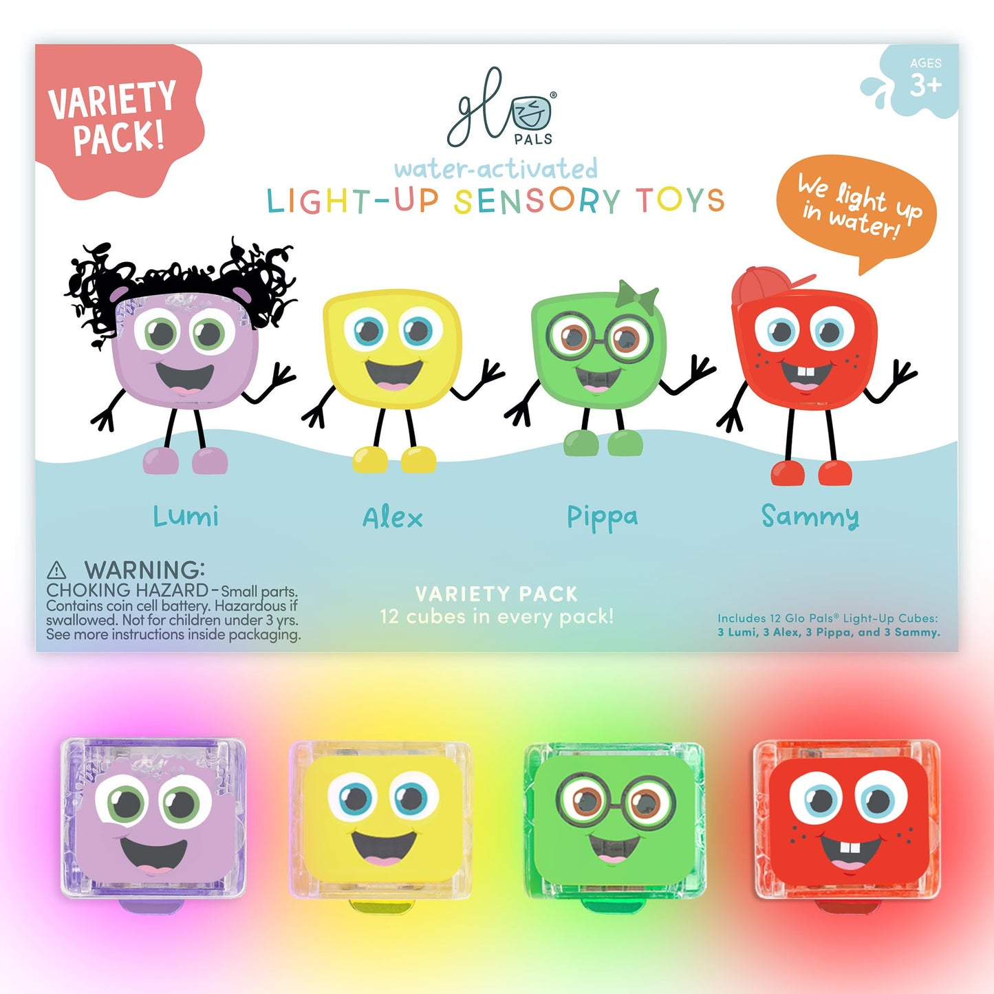 Glo Pals Water-Activated Light-Up Cubes – 12 Pack, Small, Plastic, Multiple Colors (Purple, Yellow, Green, Red)